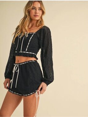 Black Eyelet Two-Piece Shorts Set with White Trim